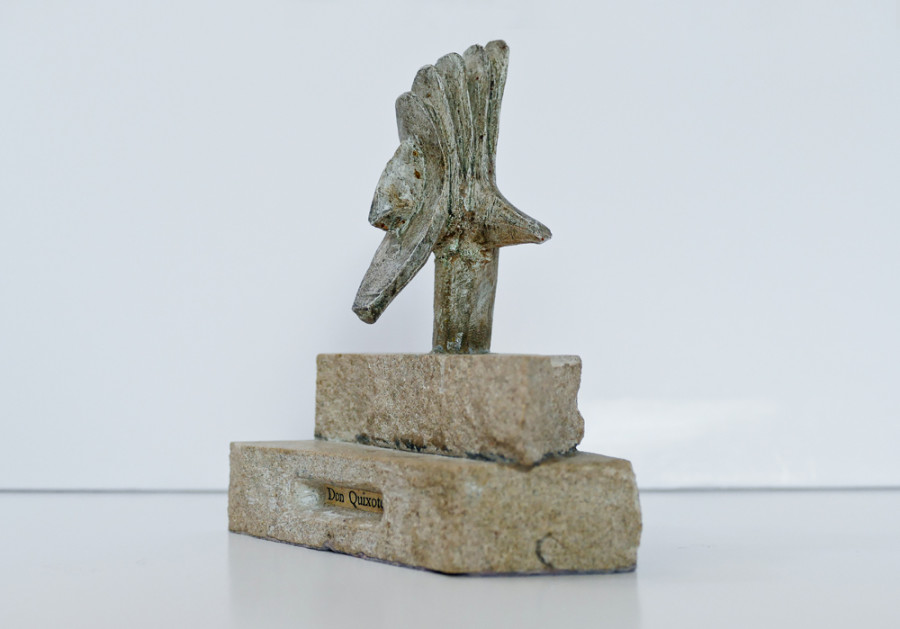"Don Quixote"  Sculpture 11.5 x 11cm. Found stone base with text inlay and ceramic head by Graham Kingsley Brown.