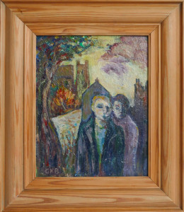 Mysterious figures with church scene - Acrylic on Board, 2009 by Graham Kingsley Brown.